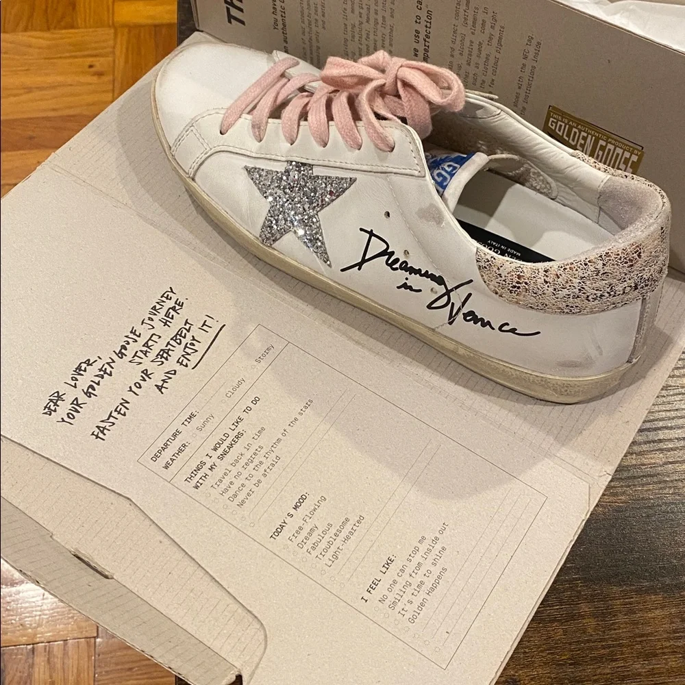 Authentic Golden Goose White Sneakers with Pink Laces and Glitter Star - Picture 8 of 10
